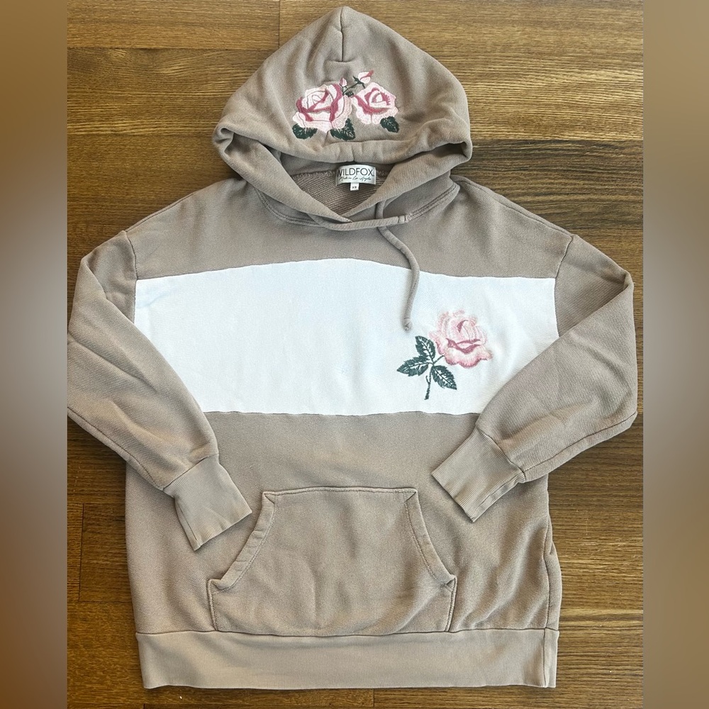 Wildfox tea roses inside out cotton terry cloth hoodie, khaki/white, XS/S